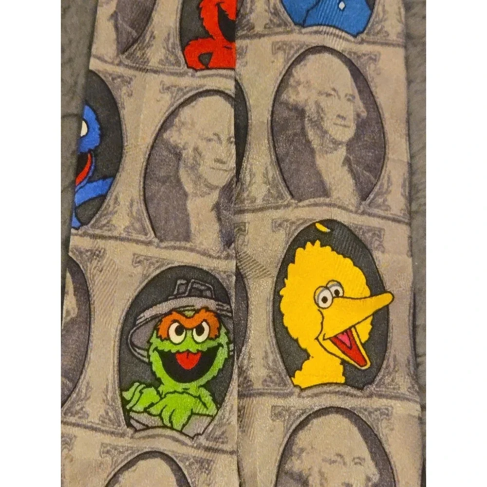 Vintage Sesame Street Dollar Bill Silk Tie Elmo Cookie Monster Novelty Money 90s
